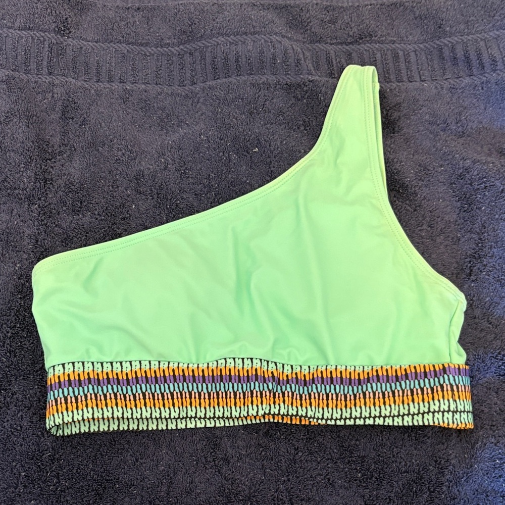 SHEIN Green One-Shoulder Bikini Top with Striped Band
